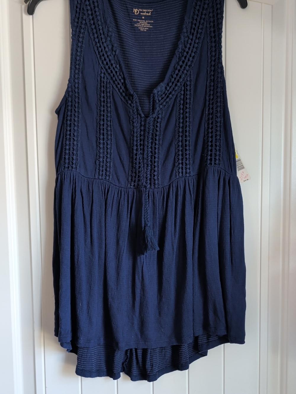 new directions Navy Crochet-Trim Tassel Sleeveless Tunic